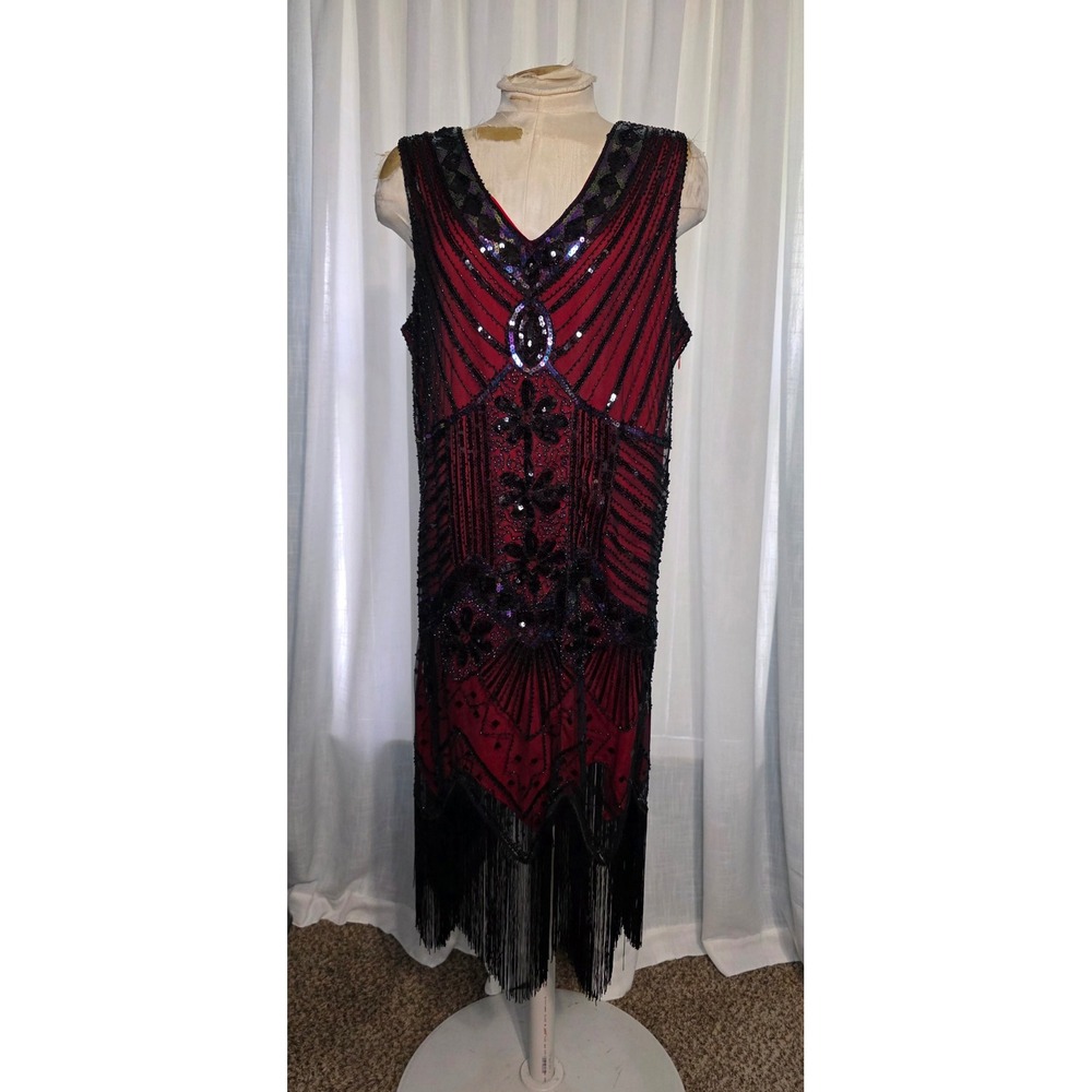 Womens 1920s Flapper Costume Set Red Black Sequin Fringe Dress Wig 3XL - Picture 5 of 8